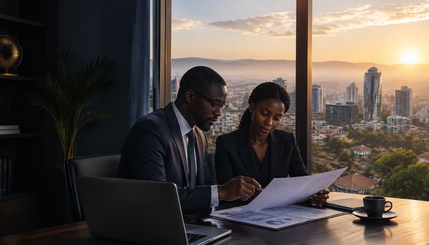 Financial professionals reviewing a portfolio in an office overlooking Kigali